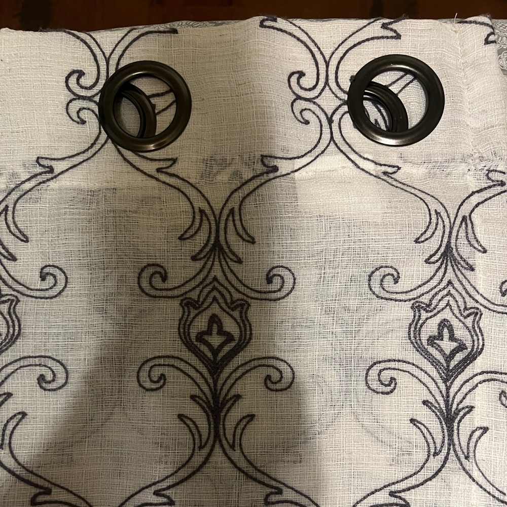 Curtain panels grommets white w/gray scroll pattern 52x96